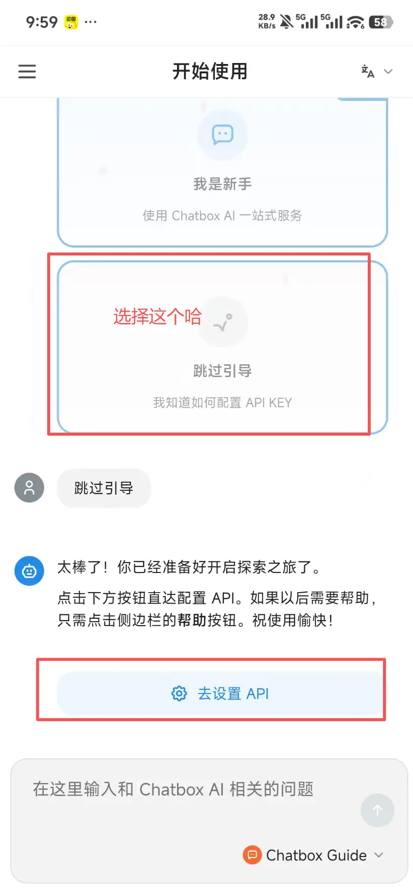 Chatbox 跳过引导并进入 API 设置
